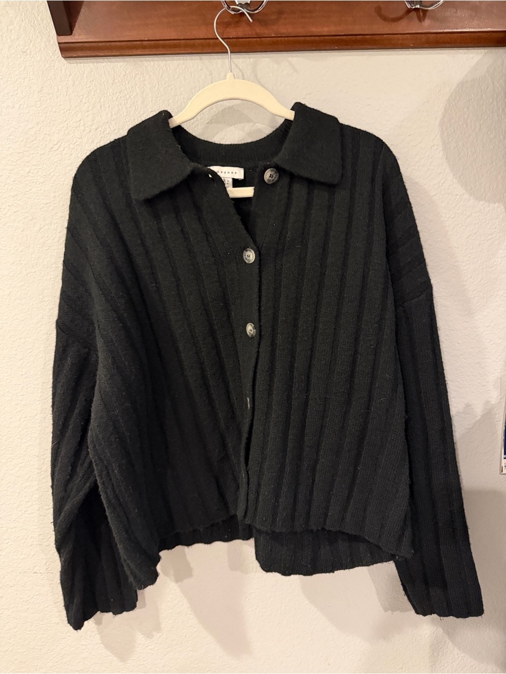 Topshop Black Ribbed Collared Button-Up Cardigan - Picture 3 of 5